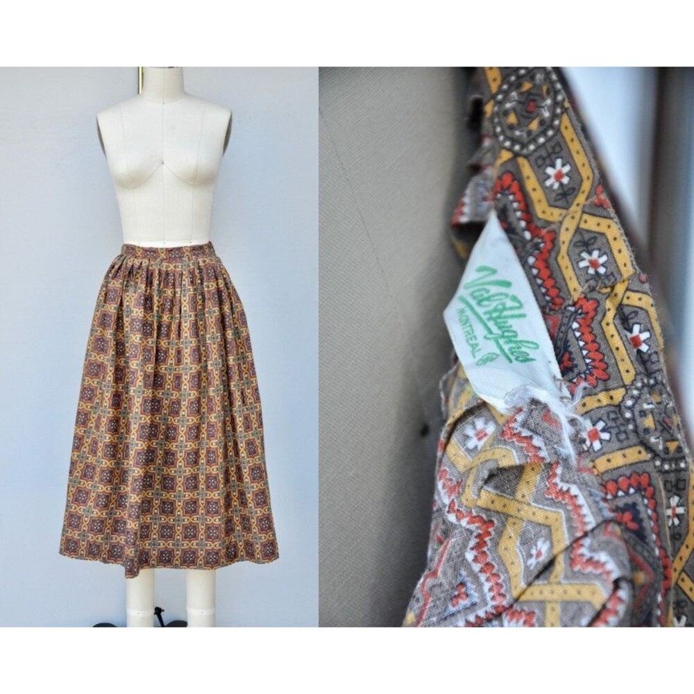 50s Full Skirt Val Hughes Montreal - Pleated Full Circle Skirt Novelty Print XS